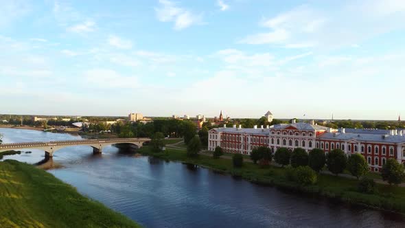 Aerial View of Jelgava City Panorama and Lielupe River in Latvia, Zemgale at Sunset 4K Dron Shot alt