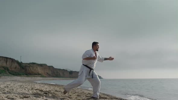 Karate Athlete Practicing Kicks on Sunny Beach alt