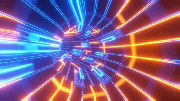 Abstract wireframe tunnel of blue-orange color. The speed of light tunnel