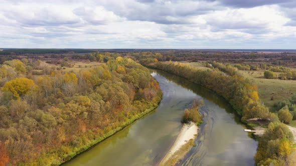 Aerial Panoramic View of the Beautiful River Landscape at Autumn.