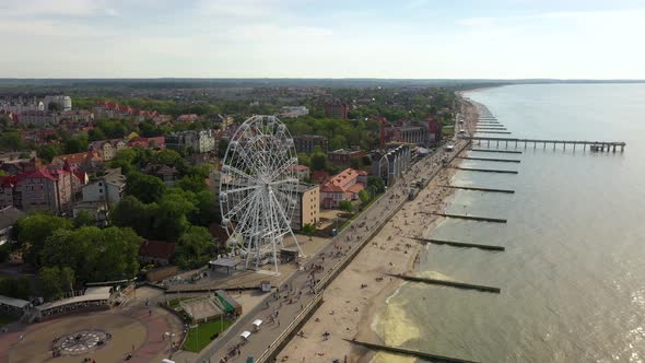 Aerial view of the Ferris Wheel on the promenade of Zelenogradsk, Russia alt