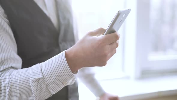 Successful Businessman Dialing Number on Mobile Phone, Calling Company Partner alt