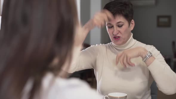 Portrait of Beautiful Young-looking Caucasian Woman Talking To Adult Daughter. Brunette Mother alt