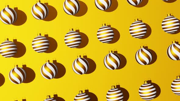 Golden white Christmas balls 3D looped seamless motion animation pattern yellow background Xmas 4K alt