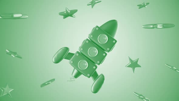 3d Cartoon Toy Rocket Between Stars Green Kids Background