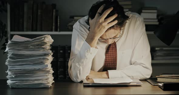 Stressed Businessman Overloaded with Work in His Office
