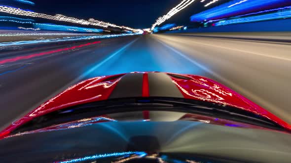 Pov Night Driving Hyperlapse at a Modern Highway Passing a Series of Tunnels