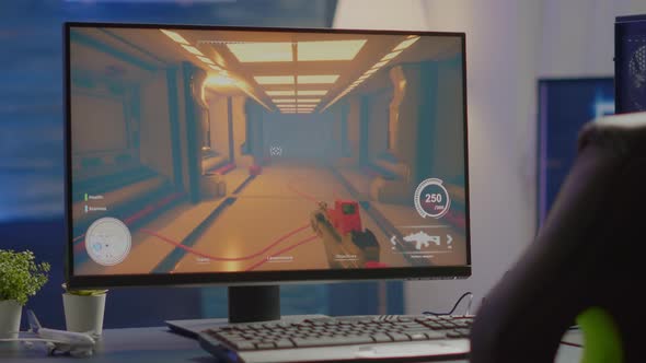 Empty Cyberspace with RGB Powerful Computer with FPS Game on Screen alt