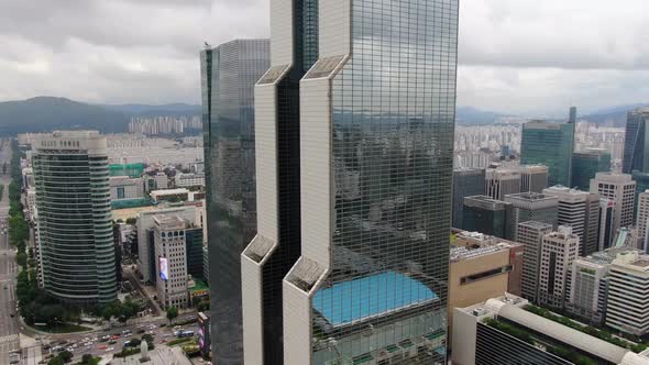 Korea Seoul Samseong Dong Coex Tall Building Close Up Drone Shoot 