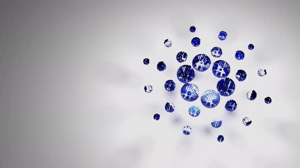 Cardano ADA Clean Logo - 3D Animation Motion Graphics Background. Blue blocks around glass spheres. alt