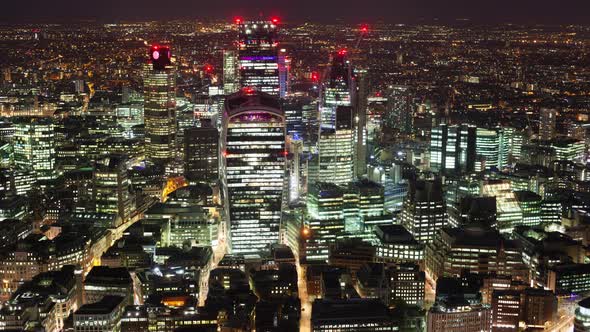 Elevated view of the financial district of London at night
