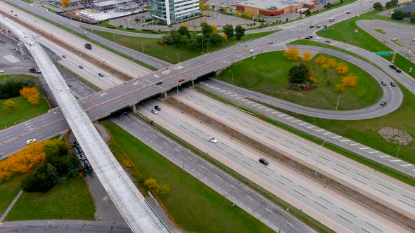 4K cam drone view of the intersection of St Jean Boulevard and Highway 40, Pointe Claire, Montreal.