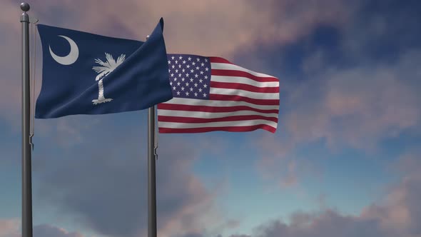 South Carolina State Flag Waving Along With The National Flag Of The USA - 4K alt