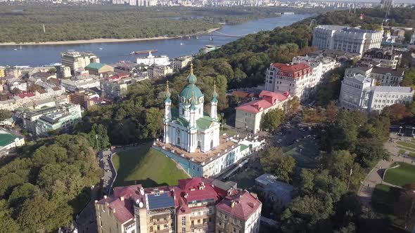 Aerial Top View To St Andrew Church in Kiev