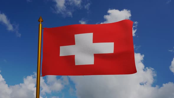 National flag of Switzerland waving with flagpole and blue sky timelapse alt