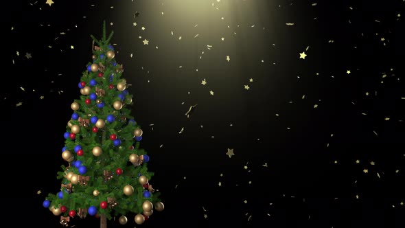 Christmas tree and golden snow with magic rays.