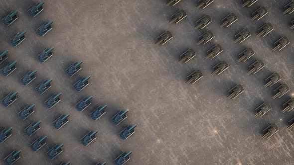 Tank War From Top - The beginning of the war. Two tank fronts facing each other. alt