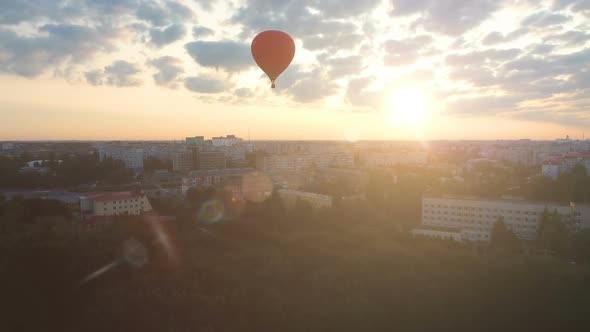 Sun Rising on Horizon, Red Hot Air Balloon Floating Over City, Cherished Dreams alt