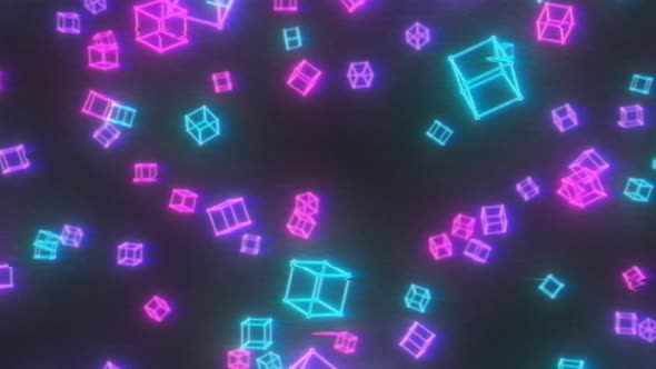 Retro 80s Glitchy Neon Wireframe 3D Cubes Flying in Cyberpunk Future - 4K alt
