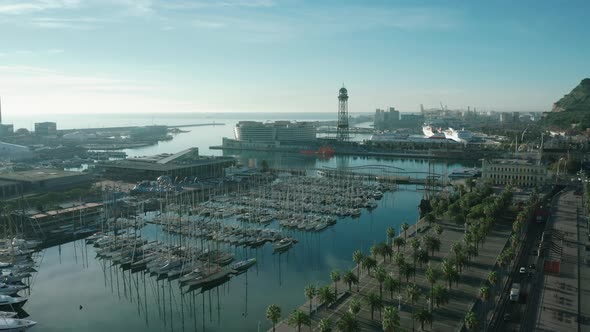 Beautiful morning at the Barcelona city main port for yachts and touristic liners
