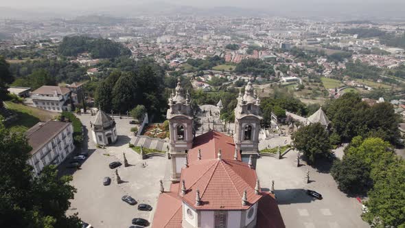 Aerial view from drone flying over Sanctuary of Bom Jesus do Monte in Braga alt