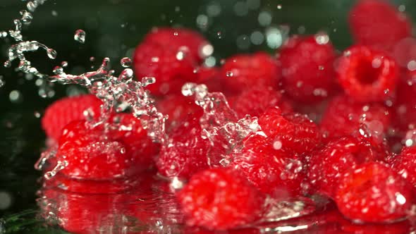 Super Slow Motion Shot of Fresh Raspberries Falling Into Water and Splashing at 1000Fps. alt