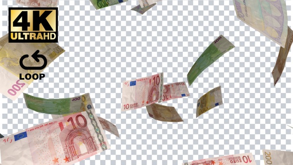 Falling Euro Banknotes With Alpha Channel In 4K Loopable Money Transparent Background