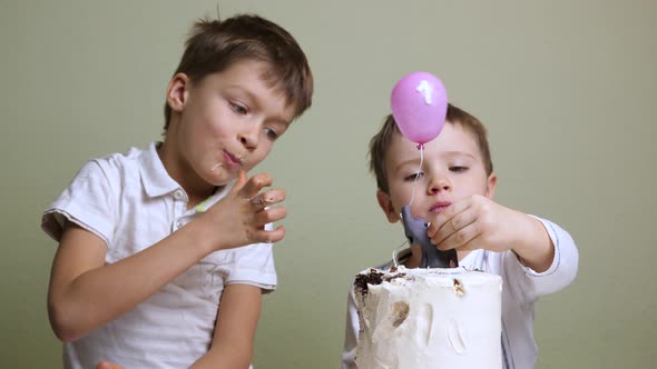Children Eating Birthday Cake. Appetizing Cake Background.
