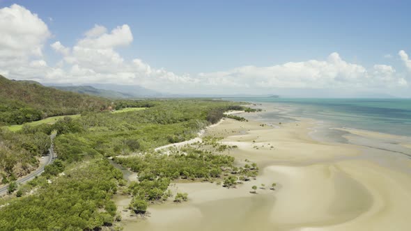 Aerial, Low Tide And Huge Sand Ocean Bed And Mangroves Growing In Queensland Australia