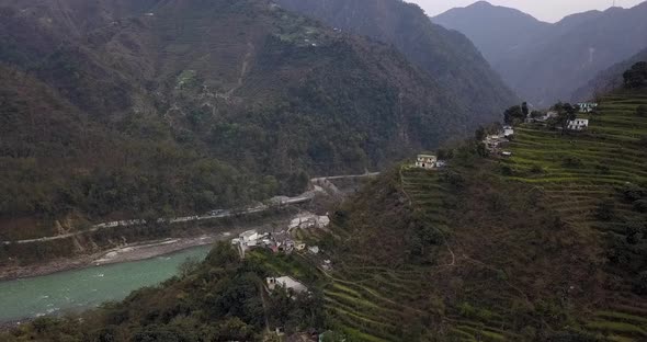 AERIAL: Ganga river in Rishikesh India alt