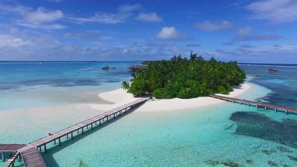 Aerial view of paradise Maldivian island. Green coco palm trees, white sand and turquoise water