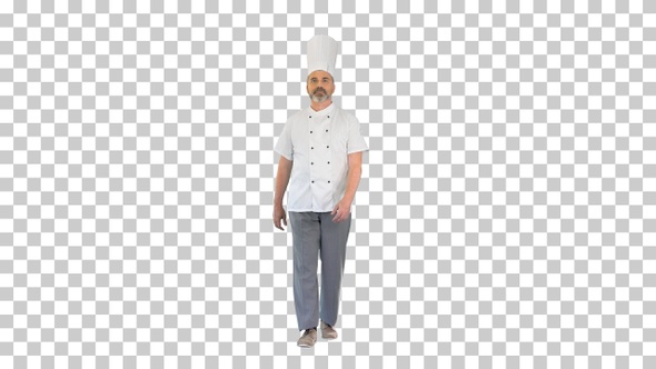 Senior chef in white uniform walking, Alpha Channel alt