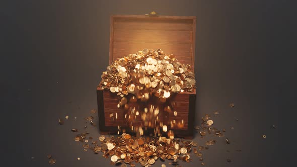 The wood chest is opening and exploding of golden coins. A precious treasure. alt