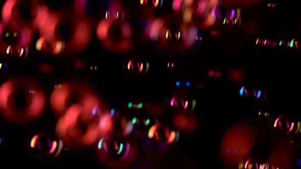 Soap Bubbles of Red Color Fly Close Up. Slow Motion. Black Background alt