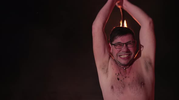 Battle Evil Aggressive Viking Warrior in Northern Tattoos Burning Fire Swords alt