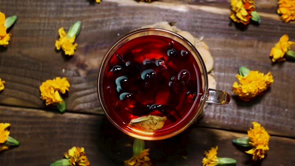 Antioxidant Natural Red Tea From Marigold Flowers Top View, Tea For Colds. Naturotherapy Medicinal alt
