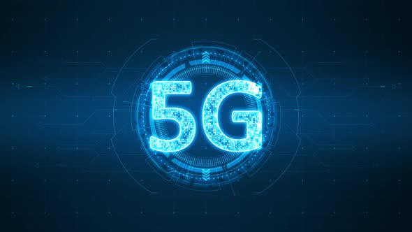 Blue 5G logo with rotation HUD circle technology interface futuristic elements abstract background