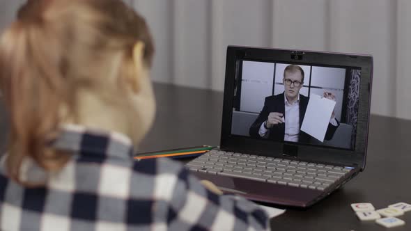Children Pupil Distance Education on Laptop. Online Lesson at Home with Teacher alt