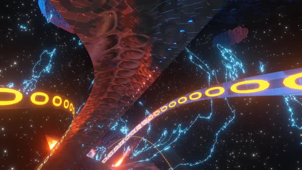 3D render Sci-Fi interstellar travel through wormhole in cyberspace.