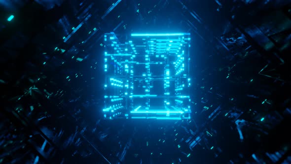 3d Object or Structure Rotates and Moves Inside Glass Mirror Tunnel with Neon Light Bright alt