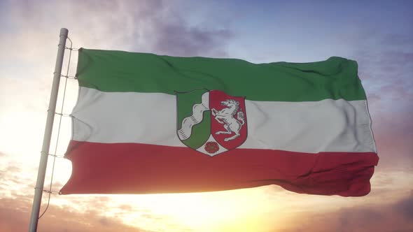 North RhineWestphalia Flag Germany Waving in the Wind Sky and Sun Background alt