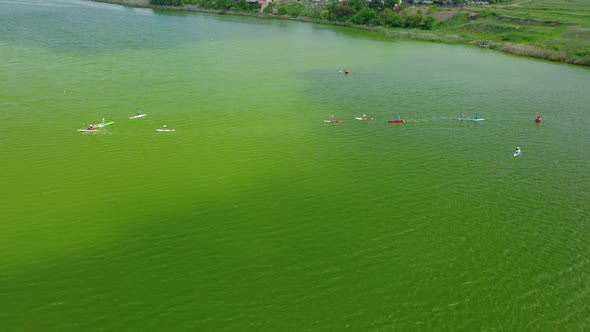 Aerial View of Young Athletes Exercising on Rowing Boats on the Lake on a Summer Day alt