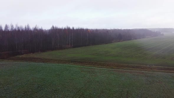 Drone fly over a green field in the countryside on a foggy autumn morning