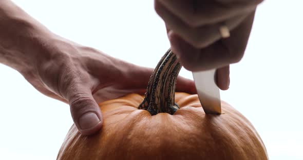 Closeup of Male Hands Cutting a Pumpkin for Halloween Celebration Over White Background