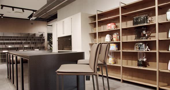 Modern Kitchen room with minimalist dining table. Modern Minimalist Home. alt