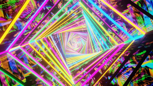 Abstract Background Rotating Twisted Neon Multicolored Square Tunnel with Reflections 3d Loop