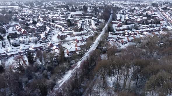 Train Track Snow Covered Suburban Town Winter Landscape Kenilworth Warwickshire UK Aerial