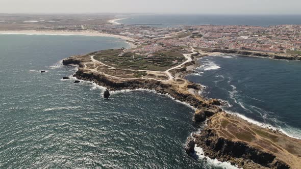Peniche in Portugal over Atlantic ocean. Aerial panoramic view