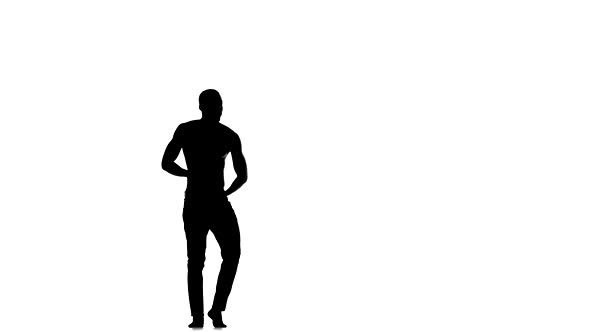 Afro American Man Dancer with Naked Torso Starting Dancing Latina Dance on White, Silhouette alt