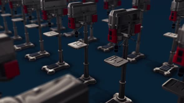 A Lot Of Industrial Drill Press In A Row 4k alt